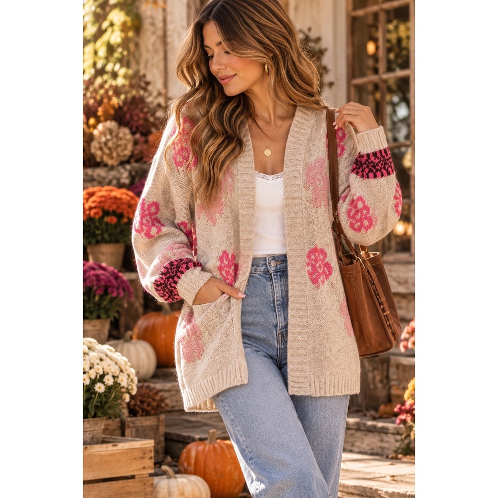 Lush Oatmeal Floral Knit Cardigan Slouchy Cottagecore Cabincore L